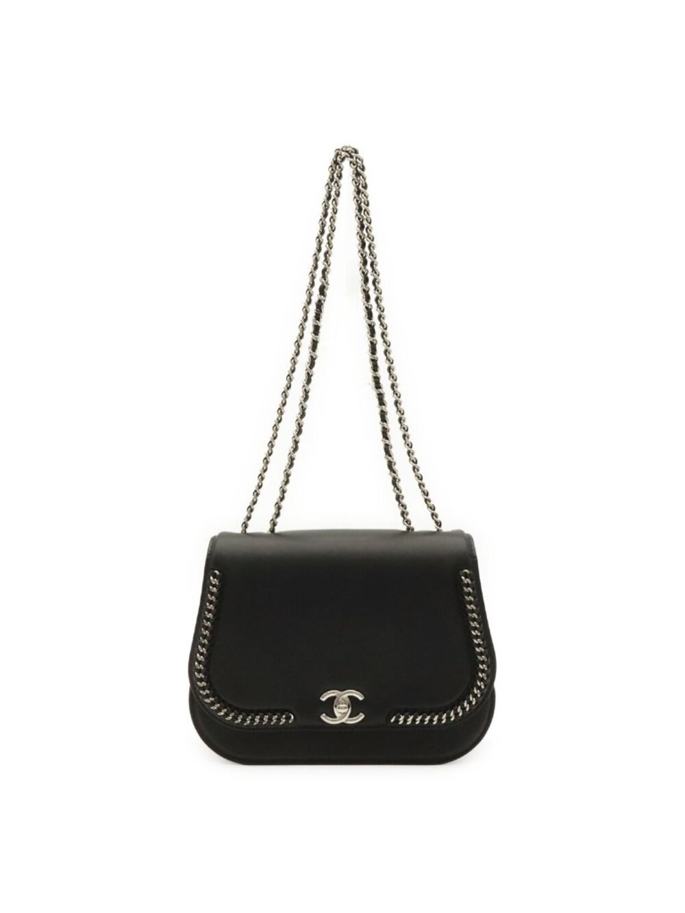Chanel CC Logo Chain Shoulder Bag Pochette Turnlock Leather Black Silver